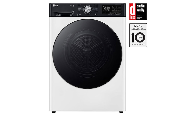 Čelní pohled na Sušička LG | 9 kg | DUAL Inverter Heat Pump™ |ThinQ™|Bílá RH91V9LVEN, Značka kvality od dTestu.
