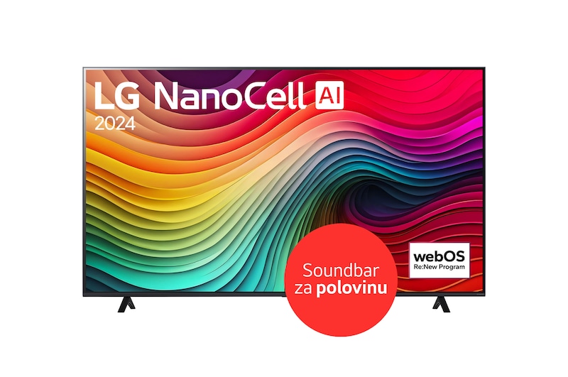 Čelní pohled na televizor LG NanoCell TV, NANO81 zobrazující na obrazovce text LG NanoCell, 2024 a logo programu webOS Re:New