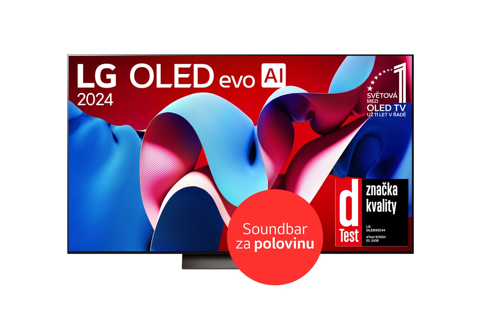 Front view with LG OLED evo TV, OLED C4, 11 Years of world number 1 OLED Emblem logo and webOS Re:New Program logo on screen, as well as the Soundbar below