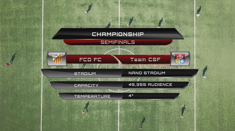 Snímek utkání mistrovství se zobrazením informací týkajících se různých týmů, stadionu, kapacity a teploty