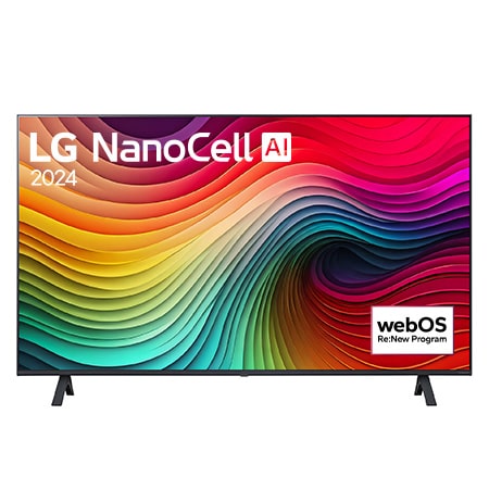 Čelní pohled na televizor LG NanoCell TV, NANO80 zobrazující na obrazovce text LG NanoCell, 2024 a logo programu webOS Re:New