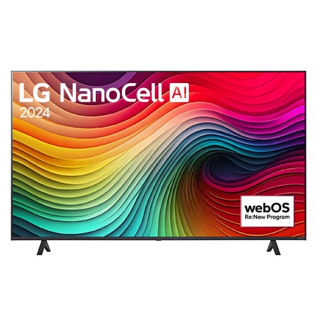 Čelní pohled na televizor LG NanoCell TV, NANO80 zobrazující na obrazovce text LG NanoCell, 2024 a logo programu webOS Re:New