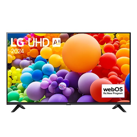  Čelní pohled na televizor LG UHD, UT73 zobrazující na obrazovce text LG UHD AI ThinQ, 2024 a logo programu webOS Re:New