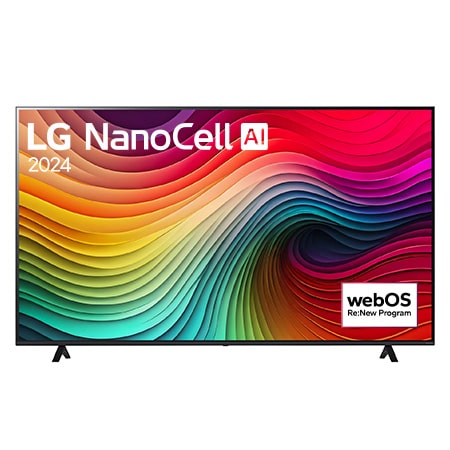 Čelní pohled na televizor LG NanoCell TV, NANO80 zobrazující na obrazovce text LG NanoCell, 2024 a logo programu webOS Re:New