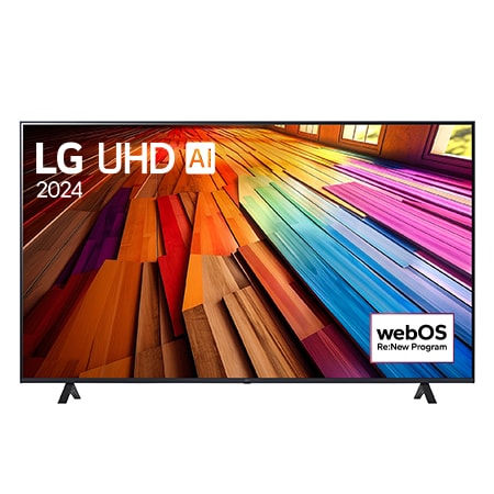 Čelní pohled na televizor LG UHD, UT81 zobrazující na obrazovce text LG UHD AI ThinQ, 2024 a logo webOS Re:New Program