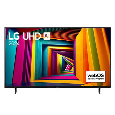 Čelní pohled na televizor LG UHD, UT91 zobrazující na obrazovce text LG UHD AI ThinQ, 2024 a logo webOS Re:New Program