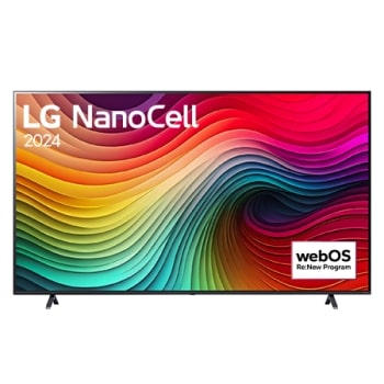 Čelní pohled na televizor LG NanoCell TV, NANO81 zobrazující na obrazovce text LG NanoCell, 2024 a logo programu webOS Re:New