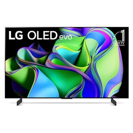 Pohled zepředu na LG OLED evo a odznáček s nápisem „10 let světová jednička mezi OLED televizory“ na obrazovce.