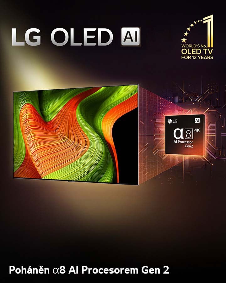 Na obrazovce LG OLED evo AI TV se zobrazuje abstraktní obraz s působivými detaily, barvami a kontrastem. Za televizí je umístěna zvětšená verze procesoru alpha 8 AI Gen2. Září a osvětluje okolní obvody mikročipu. Titulek uvádí LG OLED evo AI. Je vidět i text o tom, že zařízení využívá procesor LG alpha 8 AI Gen2. V rohu je zlaté logo s hvězdičkami, na kterém je napsáno: „Světová jednička mezi televizory OLED TV již 12 let“.