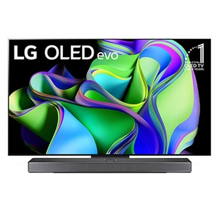 Čelní pohled na LG OLED evo, odznáček s nápisem „10 let světová jednička mezi OLED televizory“ na obrazovce a soundbar pod ní. 