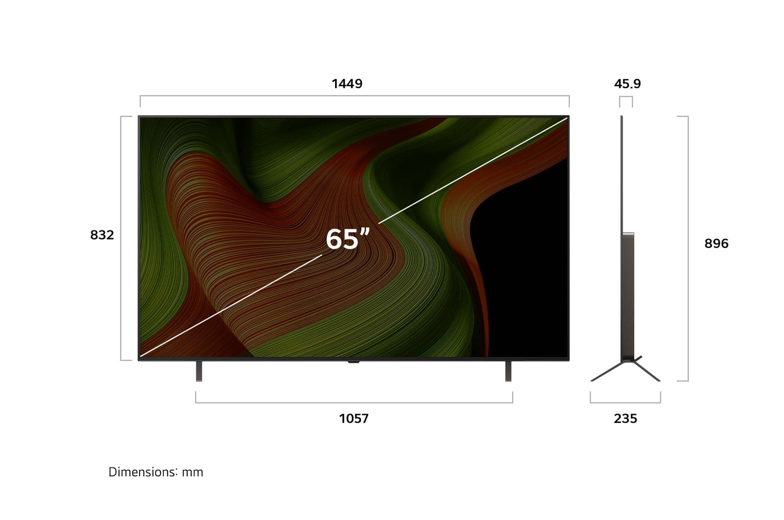 Pohled zepředu a z boku na LG OLED AI B5 4K Smart TV s rozměry na délku, šířku, výšku a hloubku.