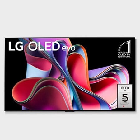 Čelní pohled na LG OLED evo, odznáček s nápisem „10 let světová jednička mezi OLED televizory“ a logem pětileté záruky na panel na obrazovce
