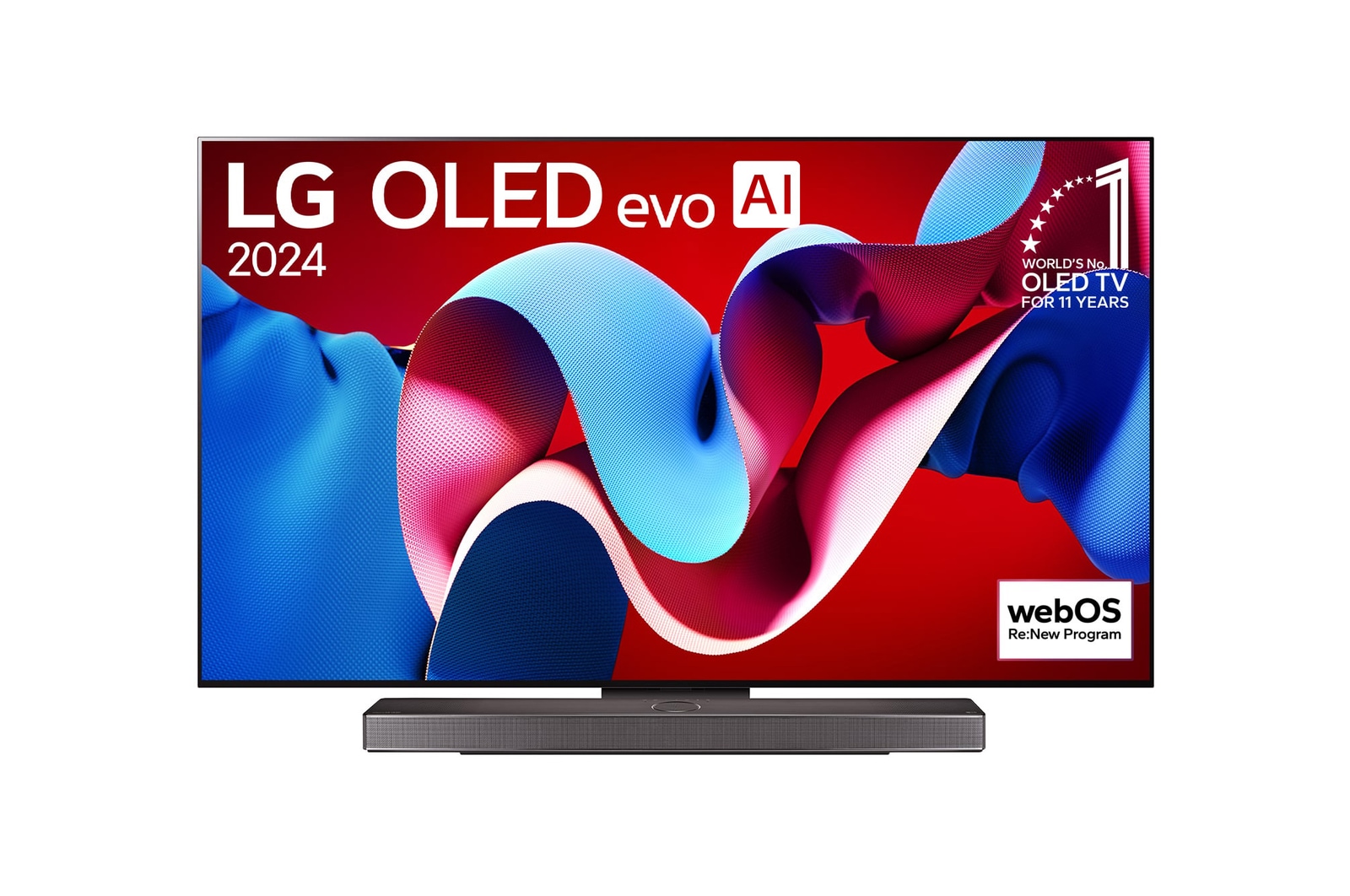Přední pohled s LG OLED evo TV, OLED C4, 11-leté světové číslo 1 OLED Emblem logo a webOS Re:New Program logo na obrazovce, stejně jako soundbar níže