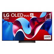 Přední pohled s LG OLED evo TV, OLED C4, 11-leté světové číslo 1 OLED Emblem logo a webOS Re:New Program logo na obrazovce