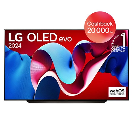 Pohled zepředu na 83" OLED TV v tenkým designu, úzkými rámečky kolem obrazovky, místěna na jednoduchém a stabilním stojanu.