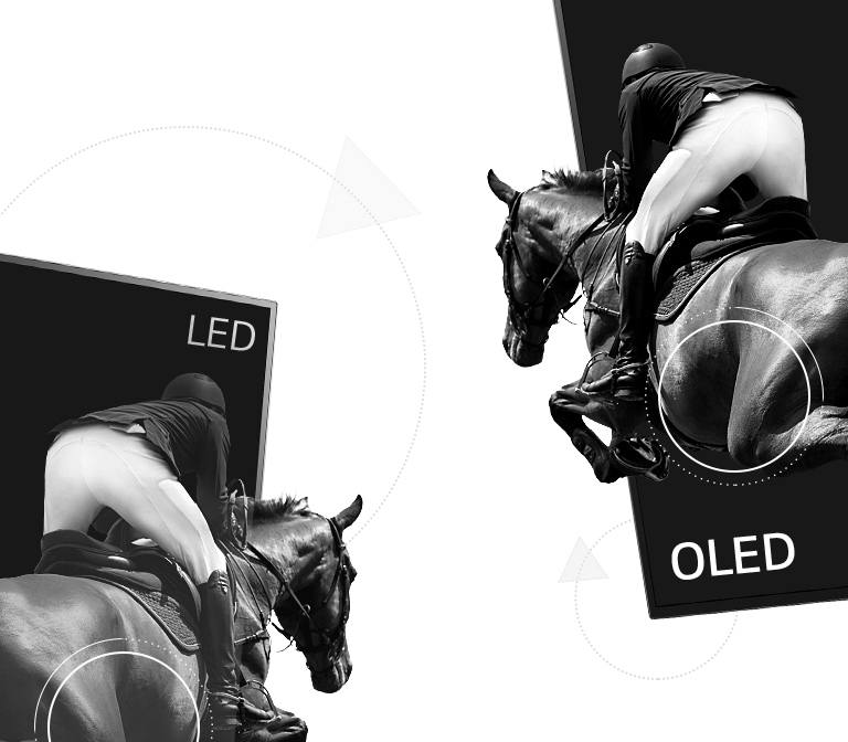 Záběr na jízdu na koni na LED TV se slabým kontrastem a druhá polovina na OLED TV s nekonečným kontrastem (přehrát video)