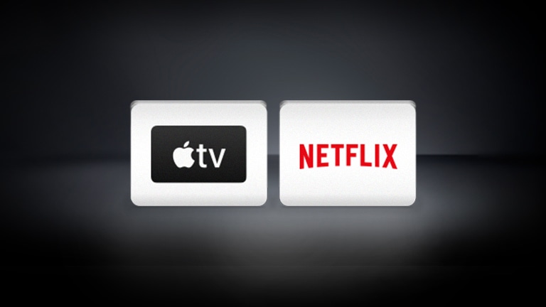 Logo Netflix, logo Apple TV jsou uspořádány vodorovně na černém pozadí.