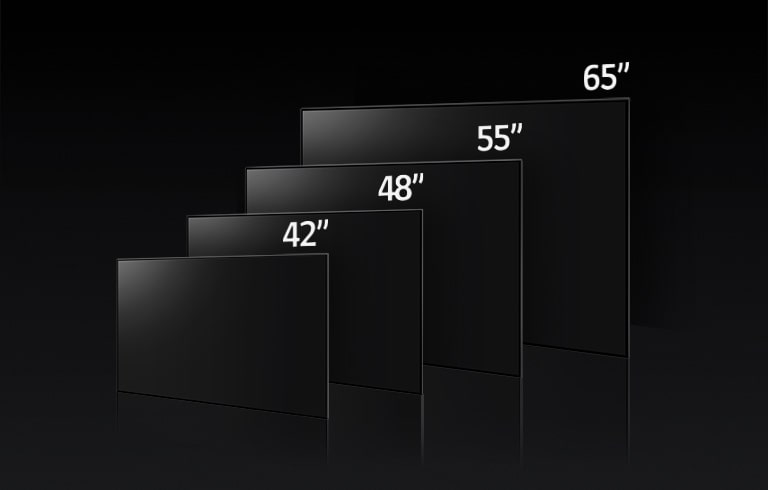 Obrázek s porovnáním různých velikostí úhlopříček televizorů LG OLED C3, konkrétně 42", 48", 55" a 65".