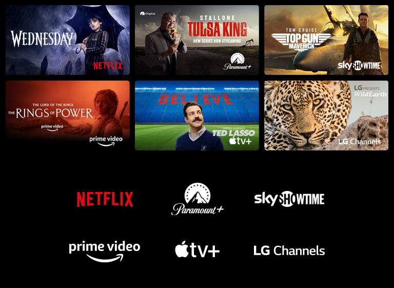 z Paramount+, Top Gun: Maverick ze SkyShowtime, The Rings of Power z Prime Video, Ted Lasso z Apple TV Plus a statický snímek od LG Channels s leopardem ve volné přírodě.