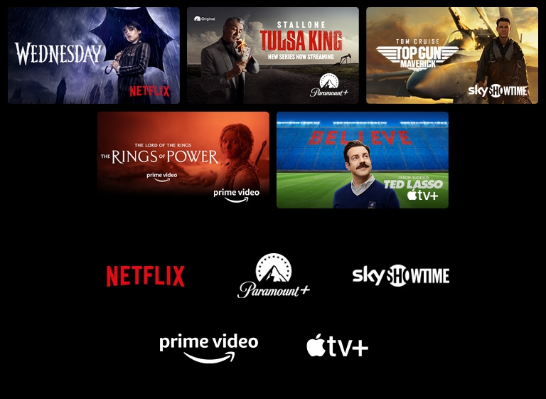 Plakát Wednesday od Netflixu, Tulsa King z Paramount+, Top Gun: Maverick ze SkyShowtime, The Rings of Power z Prime Video a Ted Lasso z Apple TV Plus.