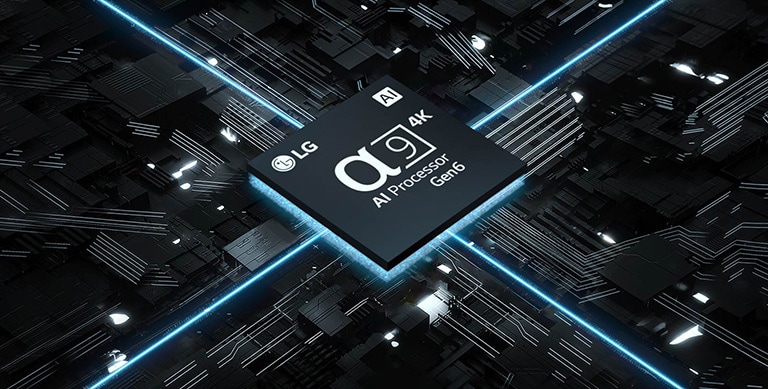 Na videu je vyobrazen procesor α9 4K Gen6 AI vedle desky plošných spojů. Deska se rozsvítí a z čipu začnou vyzařovat modré světelné paprsky, které představují jeho sílu.