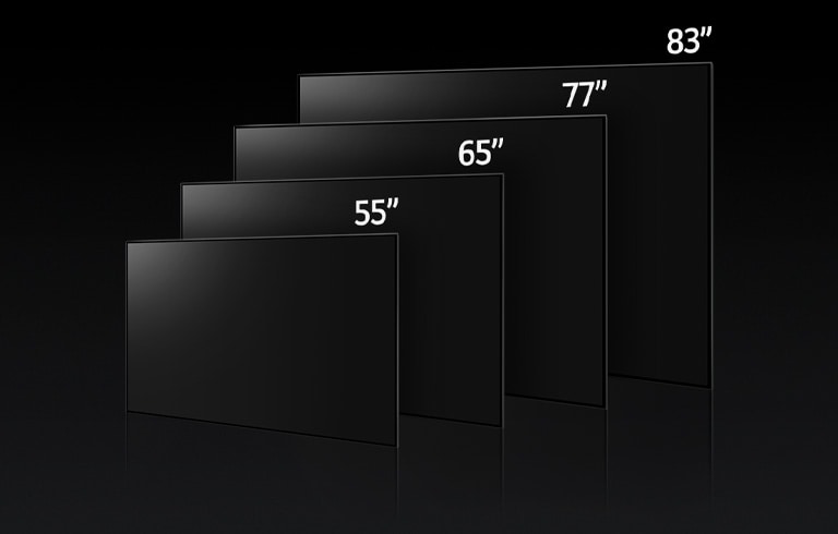 Obrázek s porovnáním různých velikostí úhlopříček televizorů LG OLED G3, konkrétně 55", 65", 77" a 83".
