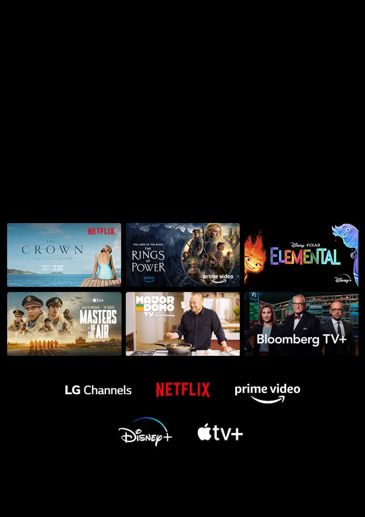 Zobrazuje se šest miniatur filmů a televizních pořadů a pod nimi loga LG Channels, Netflix, Prime Video, Disney+ a Apple TV+.