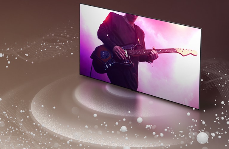 Z obrazovky LG OLED TV vycházejí zvukové bubliny a vlny vyplňující prostor.