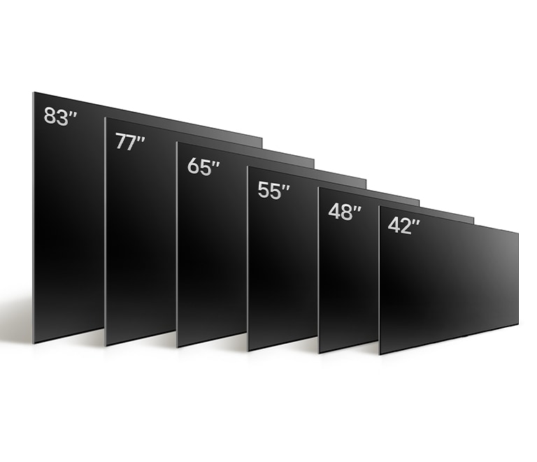 Srovnání různých velikostí televizorů LG OLED TV, OLED C4, ukazuje OLED C4 42", OLED 48", OLED C4 55", OLED C4 65", OLED C4 77" a OLED C4 83".