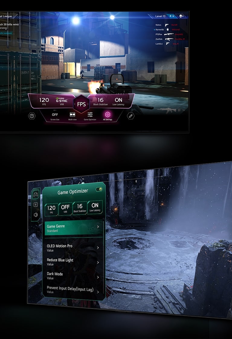 Herní scéna FPS s herním panelem, který se během hraní objevuje nad obrazovkou.   Tmavá zimní scéna, nad kterou se objeví nabídka Game Optimizer.