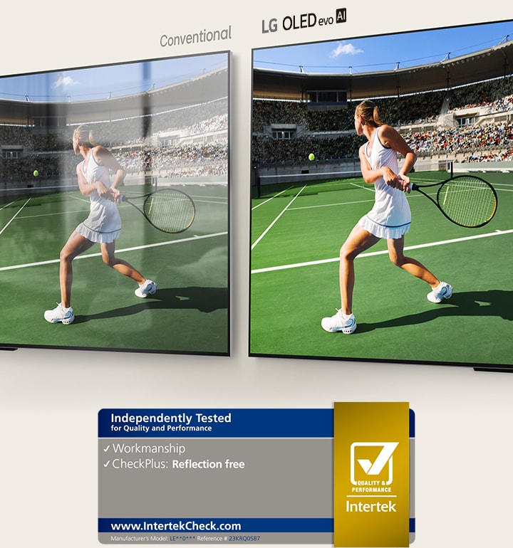 Vlevo běžný televizor zobrazující tenistu na stadionu s odrazem místnosti na obrazovce. Vpravo zobrazuje televizor LG OLED evo M4 stejný obraz tenisty na stadionu bez odrazu místnosti. Obraz vypadá jasněji a barevněji.
