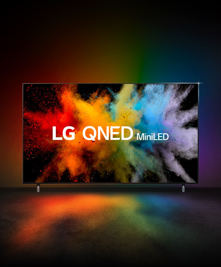 Typografický pohyb QNED a NanoCell se překrývají a explodují do výbuchu barevného prachu. Na televizoru se objeví logo LG QNED 8K miniLED.