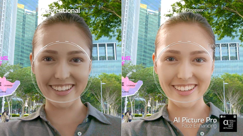 Vlevo a vpravo je detailní záběr ženské tváře. Obraz vlevo se zdá být tmavší a méně jasný, obraz ženské tváře vpravo se zdá být jasnější a čistší.