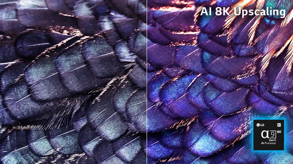 Zde je zobrazen obrázek textur jasných, duhově zbarvených per pohádkového ptáka fialové barvy. Obraz je rozdělen na dvě části – část vlevo je méně živý obraz, část vpravo je živější obraz s uvedením textu Al zvýšení rozlišení na 8K v pravé horní části spolu s obrázkem čipu procesoru.
