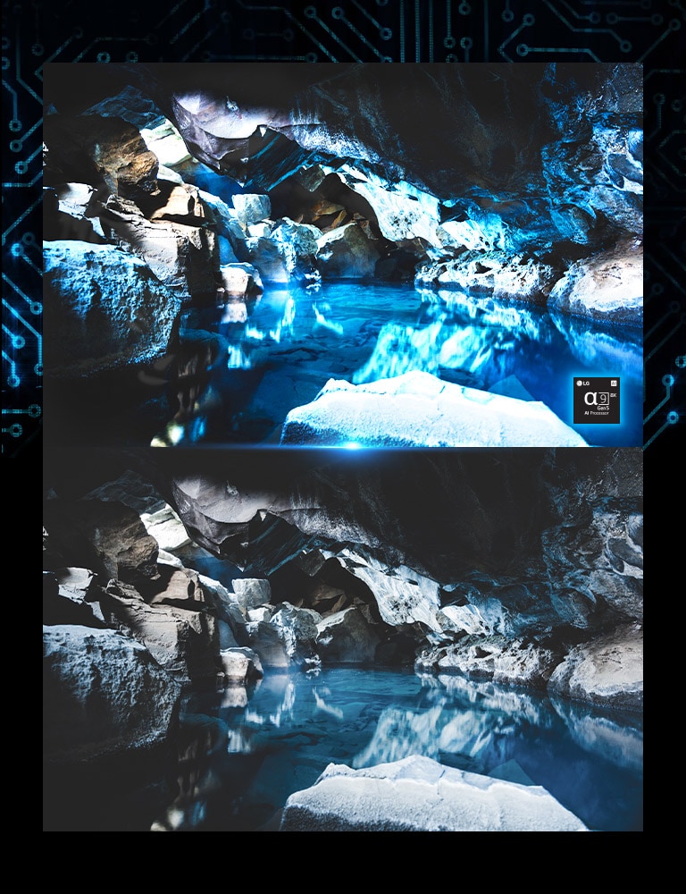 Zde je obrázek vnitřního prostoru tmavé modré jeskyně, v pravém dolním rohu je vidět obrázek čipu procesoru. Přímo pod tímto obrazem je to samé vizuální zobrazení tmavé modré jeskyně, avšak ve vybledlejší verzi.