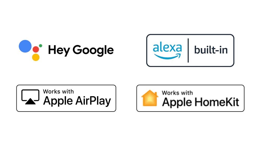 Jsou zde čtyři loga rozmístěná v pořadí – Hey Google, alexa built-in, Works with Apple AirPlay, Works with Apple HomeKit.