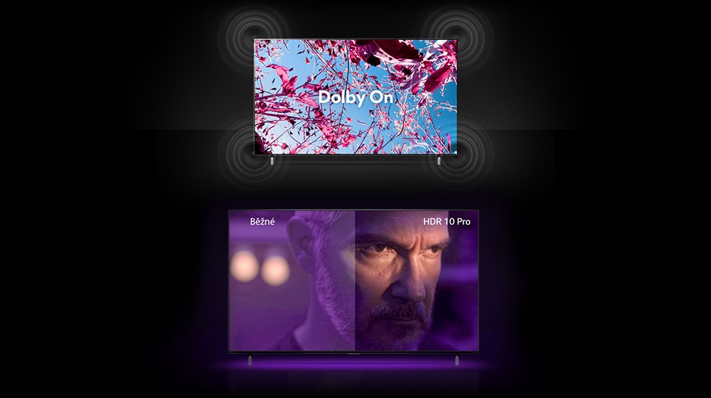 Na obrazovce televizoru QNED se zobrazují růžové květy řepky na letním poli a v textu uprostřed stojí Dolby VYPNUTO. Obraz na obrazovce se zjasňuje a text se změní na Dolby zapnuto. Pod tím je jiný televizor QNED, na kterém je zobrazen starý muž s rozezleným pohledem. Obraz na obrazovce televizoru je rozdělen na dvě části. Vlevo se obraz jeví zamlžený, s méně živoucími barvami, zatímco obraz vpravo vypadá živější a barevnější. V levém horním rohu stojí „konvenční“, v pravém horním rohu pak „HDR 10 PRO“.