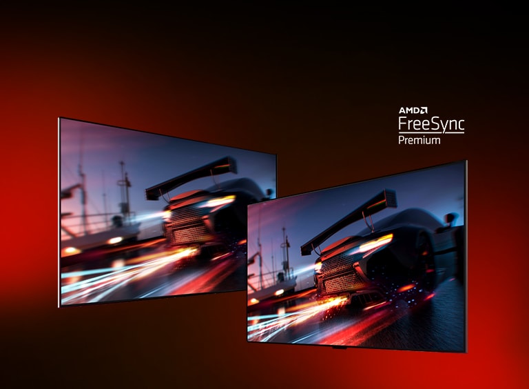 Jsou vidět dva televizory – ten vlevo ukazuje herní scénu FORTNITE se závodním autem. Vpravo je zobrazena stejná herní scéna, ale v jasnějším a čistším zobrazení. V pravém horním rohu je zobrazeno logo AMD FreeSync premium.