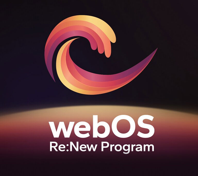 Logo webOS Re:New Program je na černém pozadí se žlutou a oranžovou fialovou kruhovou koulí ve spodní části.