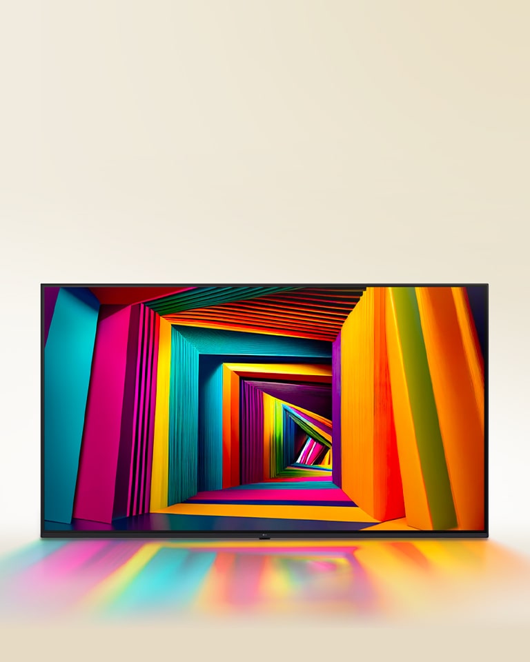 Pestrobarevný tunel čtvercového tvaru, který se směrem dozadu postupně zužuje, zobrazený na LG TV.
