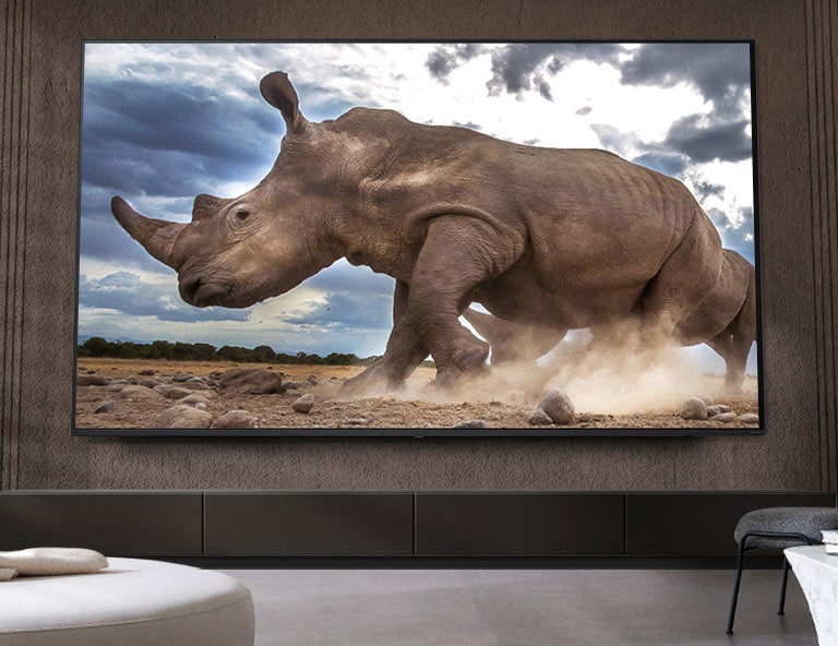 Na velkoplošné LG Ultra Big TV upevněné na hnědé stěně obývacího pokoje obklopené modulárním nábytkem krémové barvy je vidět nosorožec v prostředí safari.