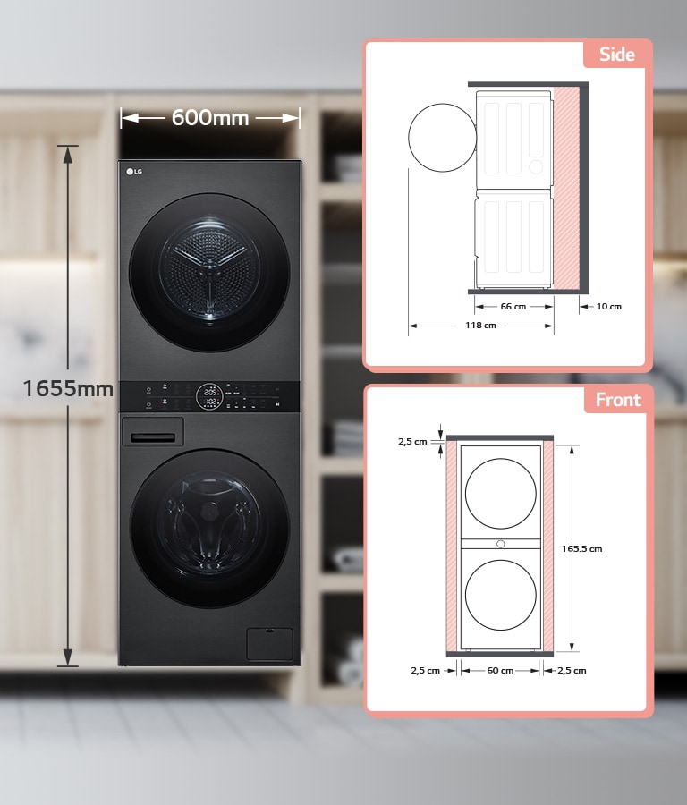 Udává, kolik místa je potřeba při instalaci produktu WashTower. Vzadu je potřeba 10 cm a vlevo a vpravo 2,5 cm.