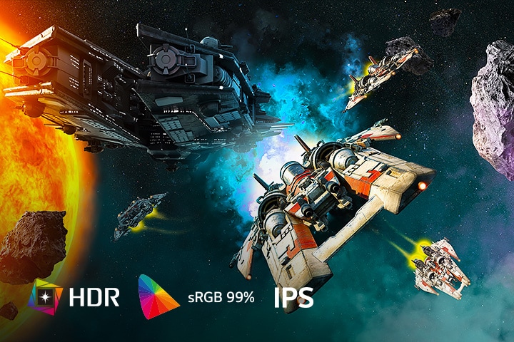 Scéna z vesmírné bojové hry s živými barvami díky technologii HDR, sRGB 99 % a IPS displeji monitoru LG UltraGear.