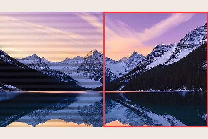 Srovnávací obrázek pravé strany s funkcí Flicker Safe a levé strany bez použití režimu Flicker Safe.