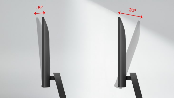 Porovnání vedle sebe, které ukazuje monitor nakloněný dozadu o 20 stupňů a dopředu o -5 stupňů, ilustrující jeho nastavitelnou funkci naklonění pro ergonomické sledování.