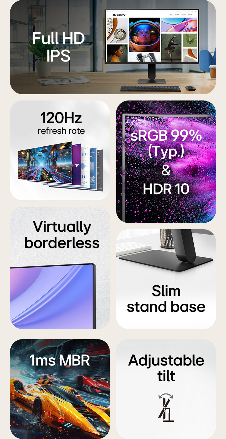 Přehled funkcí monitoru ve formě tabulky s vyznačením klíčových specifikací: Full HD IPS displej, obnovovací frekvence 120 Hz, sRGB 99 % (Typ.) s HDR10, prakticky bezrámečkový design, tenký podstavec, 1 ms MBR (Motion Blur Reduction) a nastavitelný sklon. Každá funkce je představena reprezentativním obrázkem nebo ikonou.
