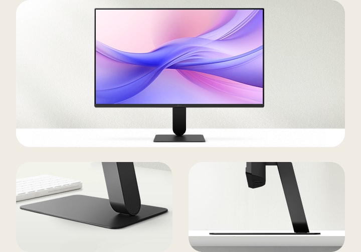 Pohled zepředu na moderní monitor s tenkým, minimalistickým stojanem. Monitor, který je zpočátku nakloněn doleva, se plynule otočí dopředu a zajistí se. Po ukotvení na místo se podél okrajů monitoru rychle objeví pruh bílého světla, který zdůrazňuje elegantní design rámečku. Displej zobrazuje jemný přechod růžových a fialových odstínů, zatímco boční obrázky zdůrazňují nízký profil základny stojanu a jeho elegantní tvar.
