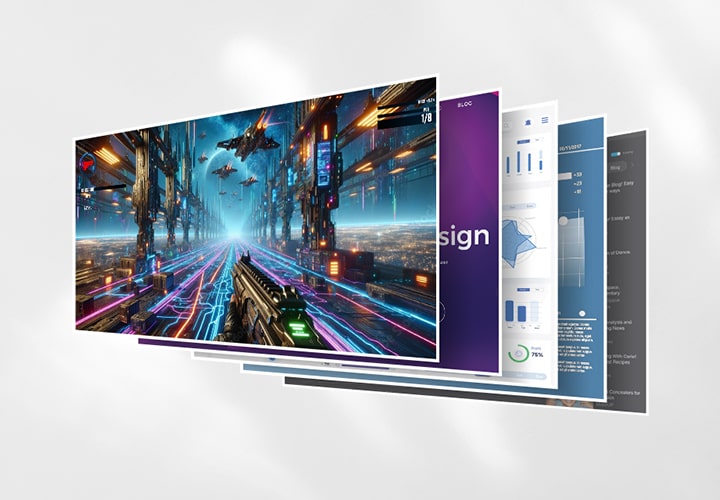 Reklamní grafika pro monitor s obnovovací frekvencí 120 Hz. Vlevo text zdůrazňuje výhody, jako je plynulý obraz a hladký pracovní postup. Vpravo několik překrývajících se obrazovek zobrazuje sci-fi střílečku, grafy a designový software, což ilustruje plynulý výkon při všech úkolech.