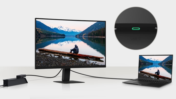 Obrázek notebooku a monitoru připojeného jediným kabelem USB-C.