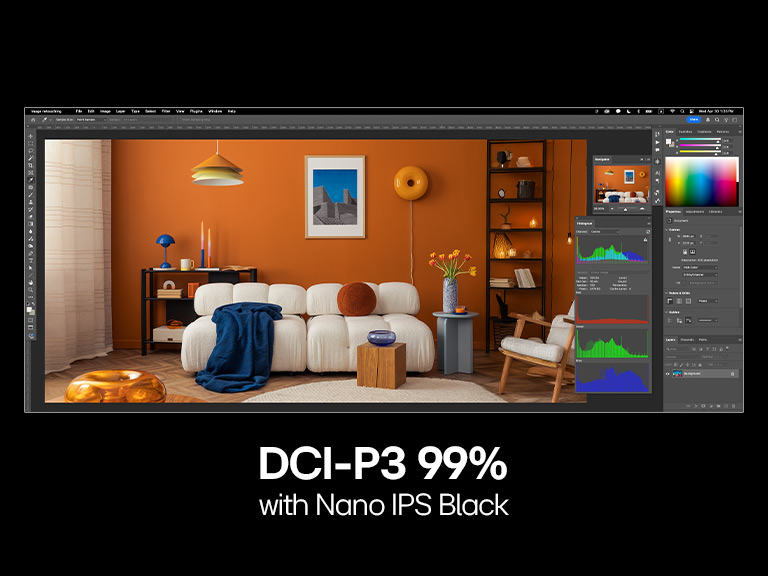 Zobrazení obrazovky v plné velikosti s designérským programem znázorňujícím živé barvy.